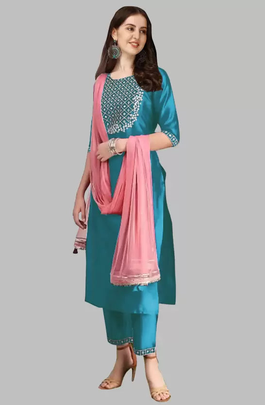 Women Blue Kurta, Pant And Pink Dupatta Set