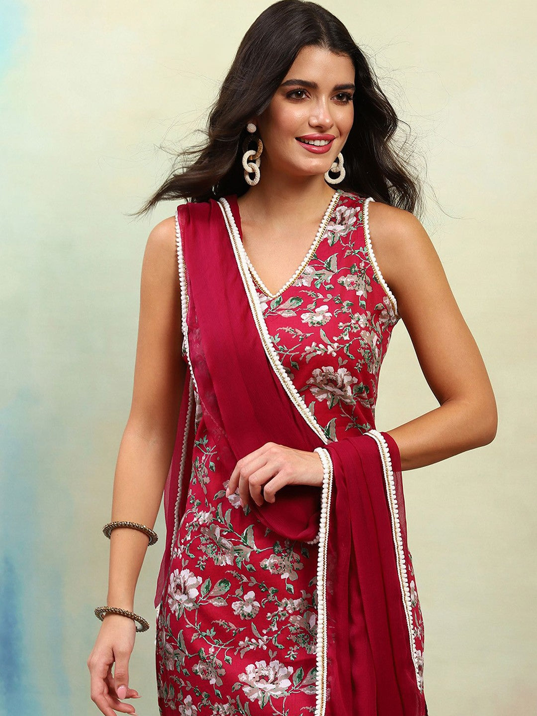 Floral Printed Regular Pure Cotton Straight Kurta with Palazzos & Dupatta