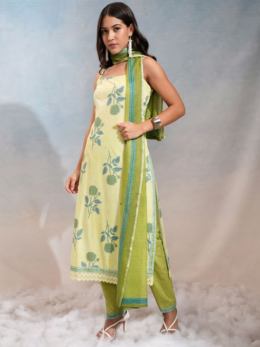 Lime Green Floral Shoulder Straps Cotton Straight Kurta With Trousers & Dupatta