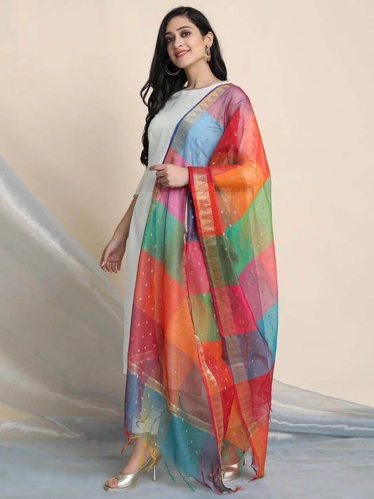 Women Silk Blend Kurta Pant Dupatta Set with colorful Dupatta