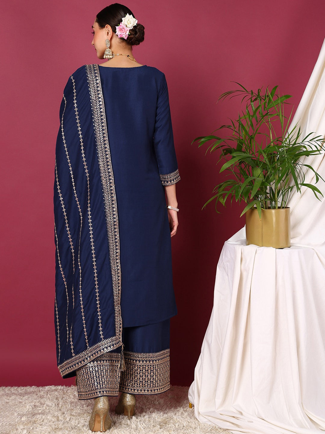 Blue Ethnic Motifs Embroidered Regular Gotta Patti Kurta With Palazzos & Dupatta