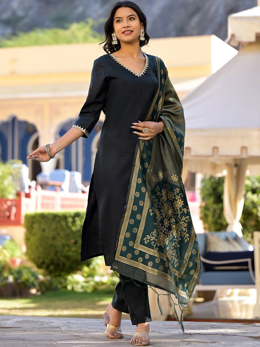 Green & Gold Toned Embellished V Neck Straight Kurta & Palazzos With Dupatta