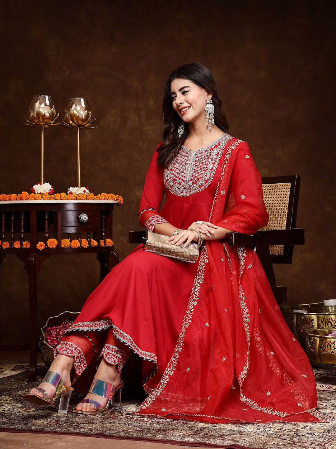 Red & Gold Toned Ethnic Motifs Embroidered Anarkali Kurta & Trousers With Dupatta