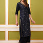 Navy Blue Ethnic Motifs Printed Regular Kurta With Palazzos & Dupatta