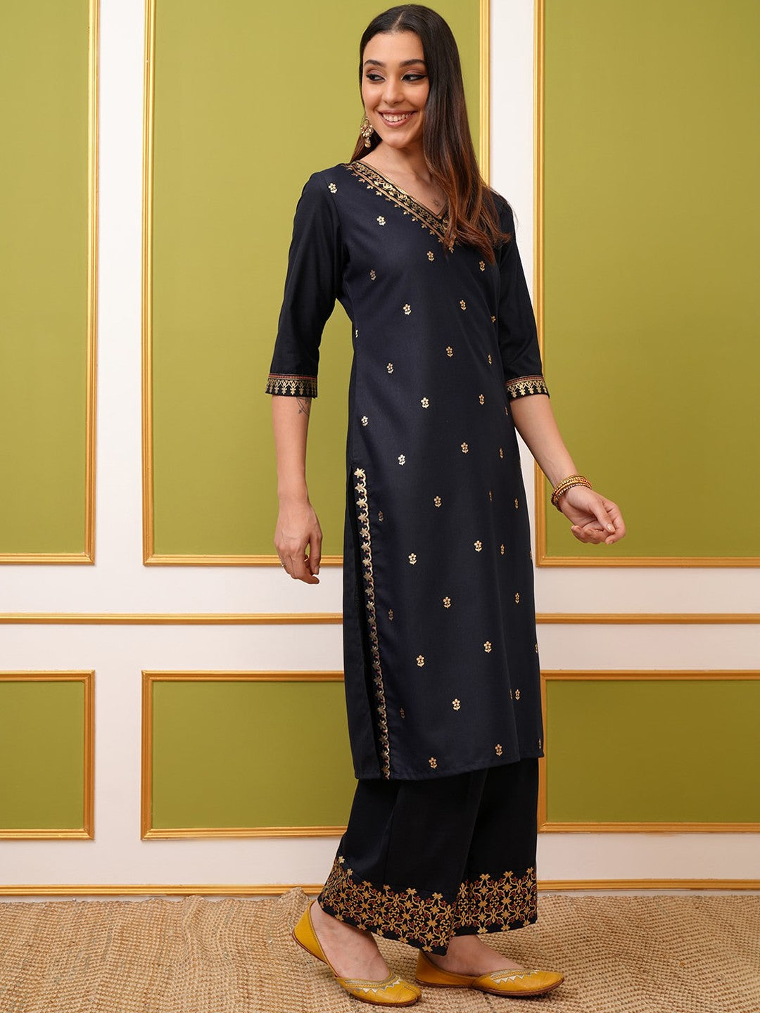 Navy Blue Ethnic Motifs Printed Regular Kurta With Palazzos & Dupatta