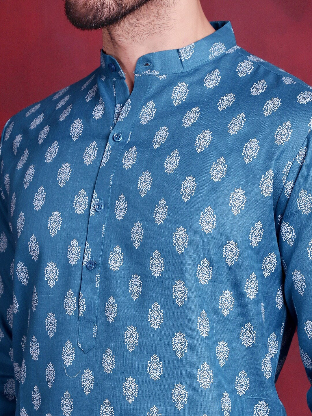 Men Blue Ethnic Motif Printed Straight Kurta