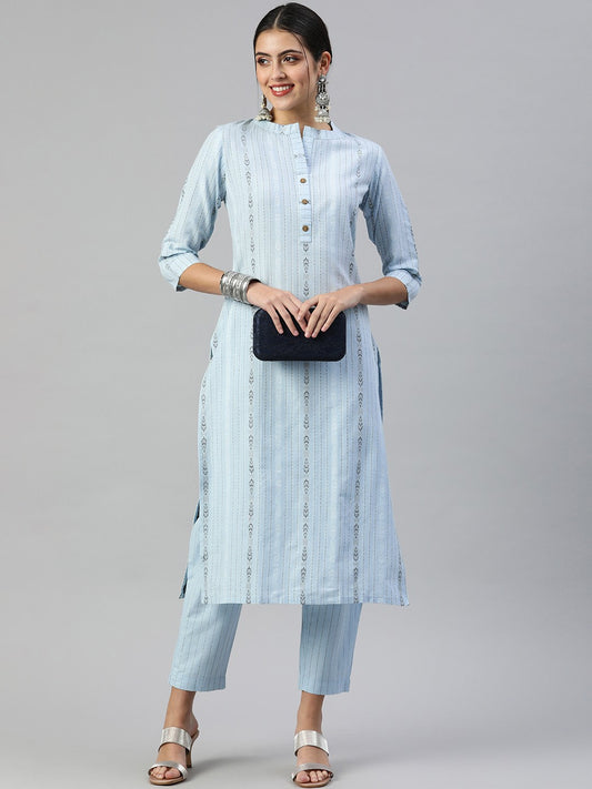 Women Woven Design Pure Cotton Kurta With Trousers
