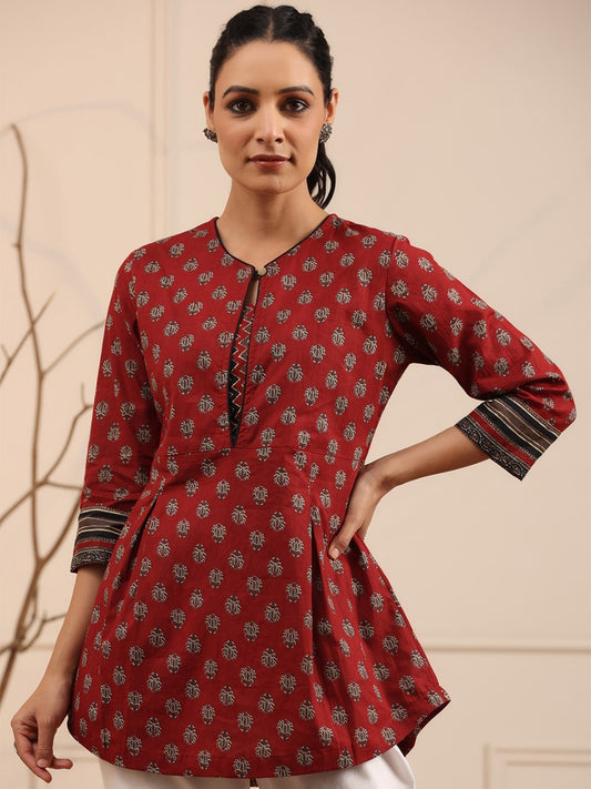 Maroon & Black Ethnic Motifs Printed Pure Cotton Kurti