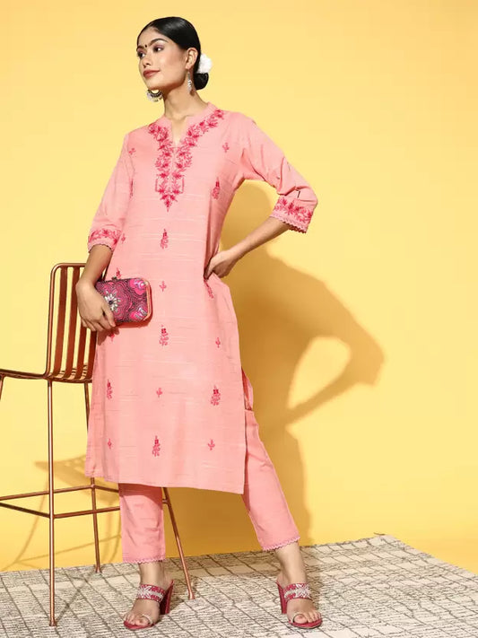 Women Pink Cotton Blend Kurta Pant Set