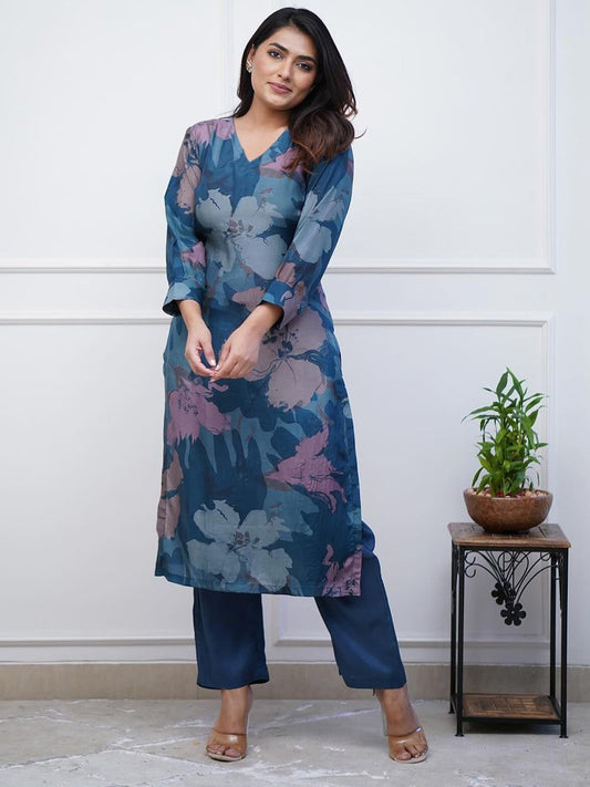 Floral Printed V-Neck Straight Kurta With Trousers