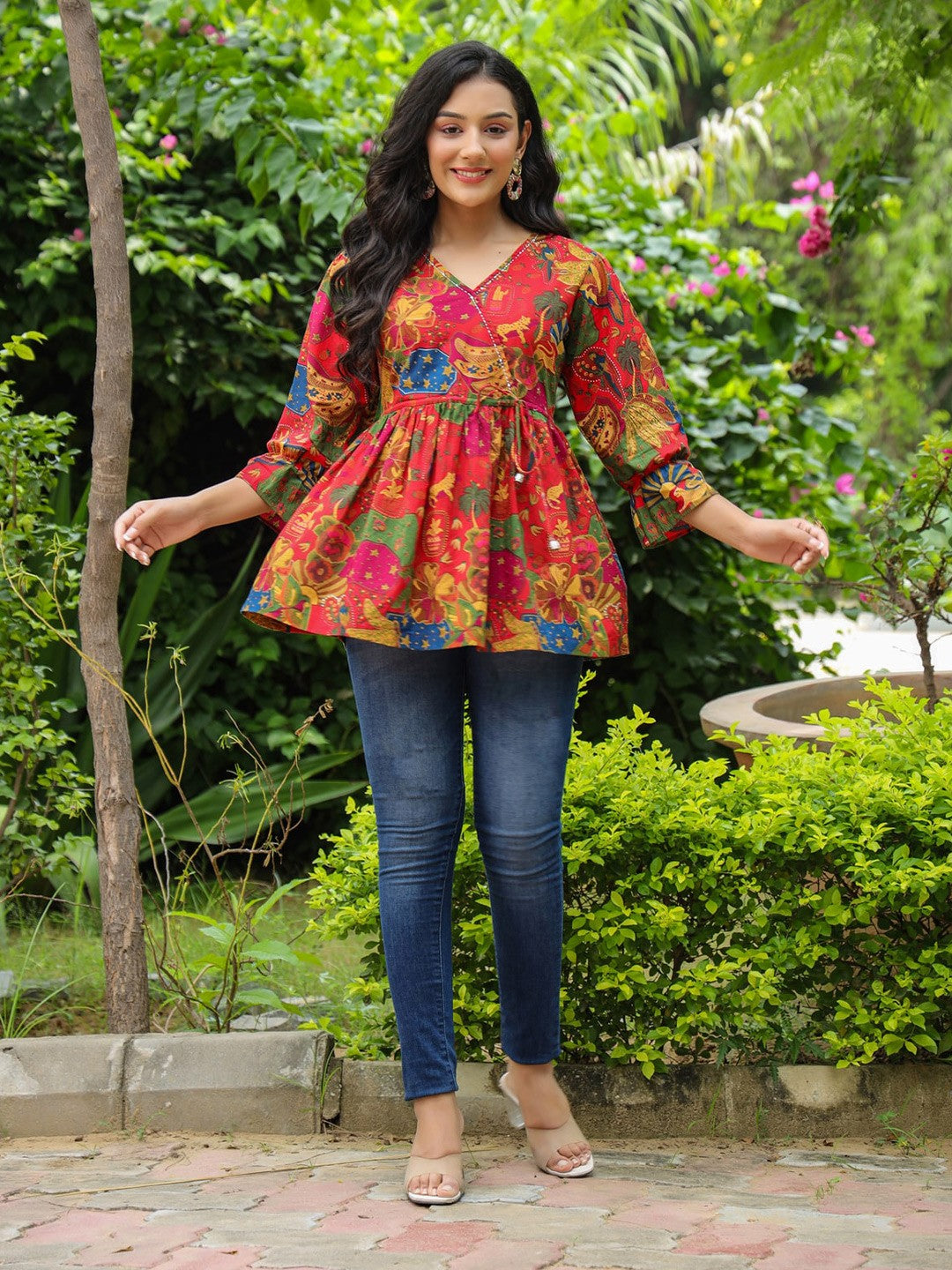 Floral Printed Bell Sleeve Cotton Empire Top