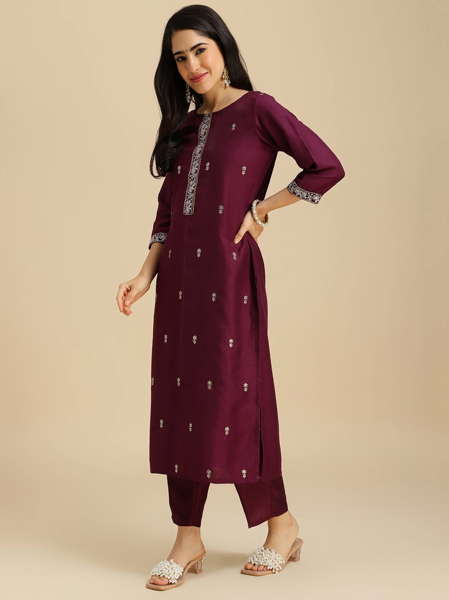 Women Wine Silk Blend Kurta Pant Dupatta Set