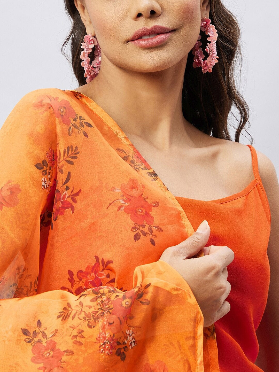 Women Orange Pleated Kurta with Palazzos & With Dupatta