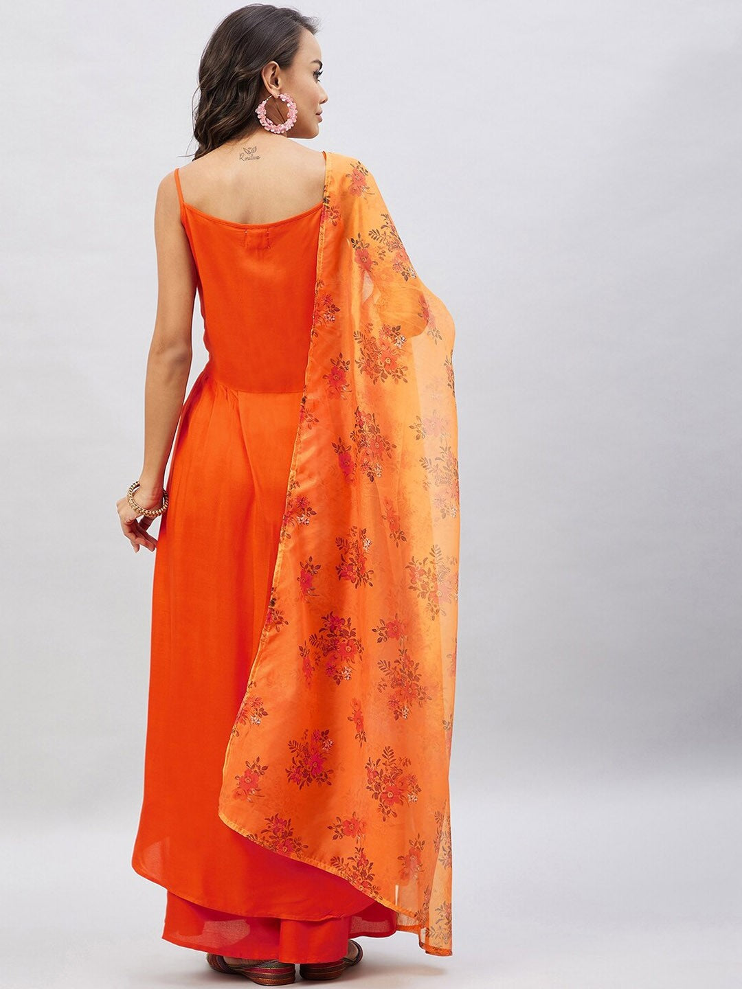 Women Orange Pleated Kurta with Palazzos & With Dupatta