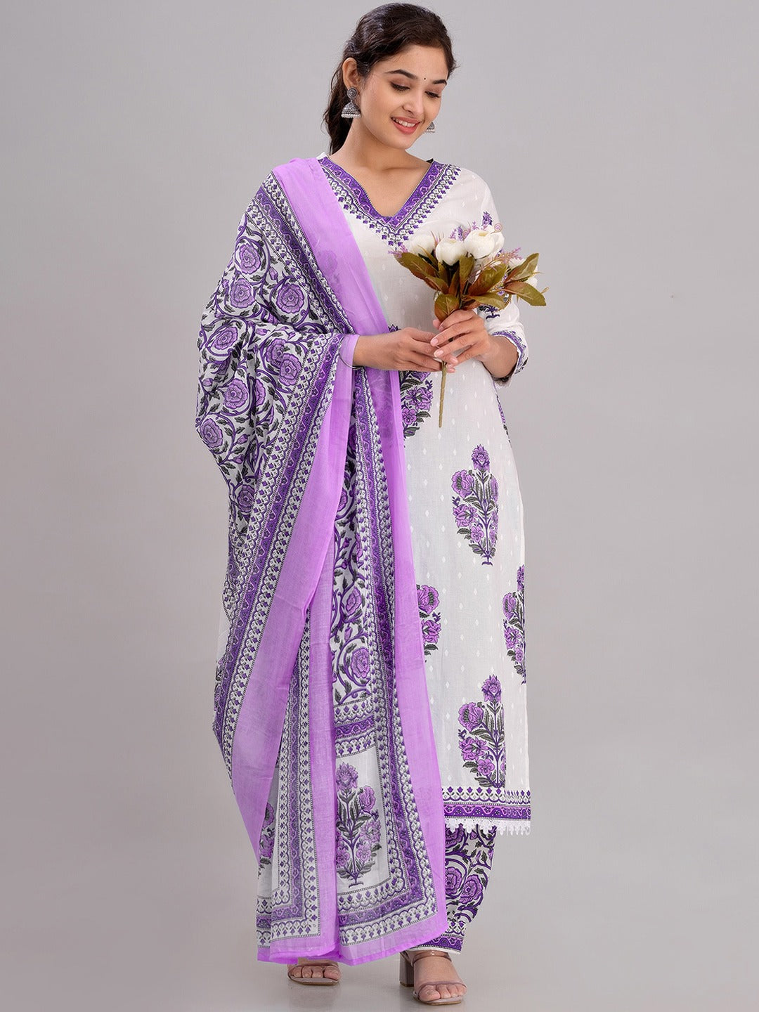 Floral Printed V-Neck Regular Pure Cotton Kurta With Salwar & Dupatta