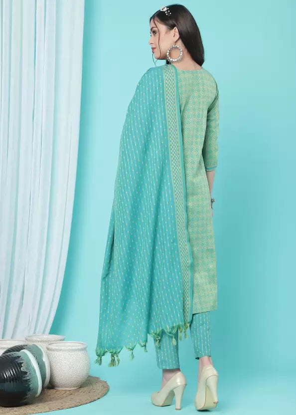 Women Green Cotton Blend Kurti Pant Dupatta Set