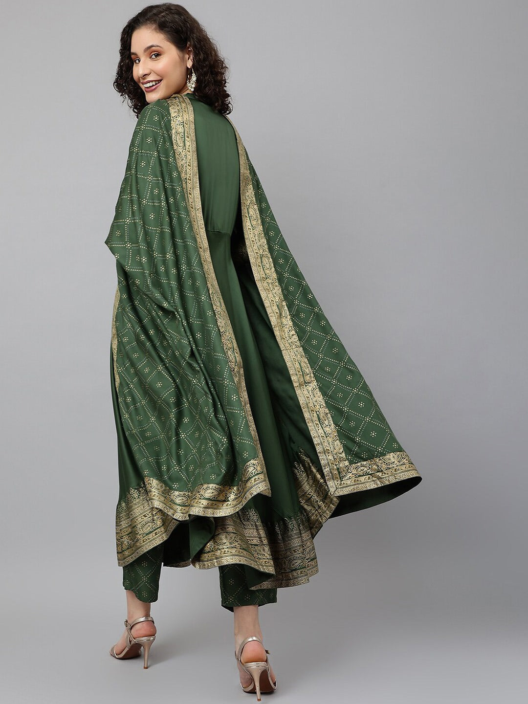 Green Anarkali Printed Kurta with Palazzos & With Dupatta