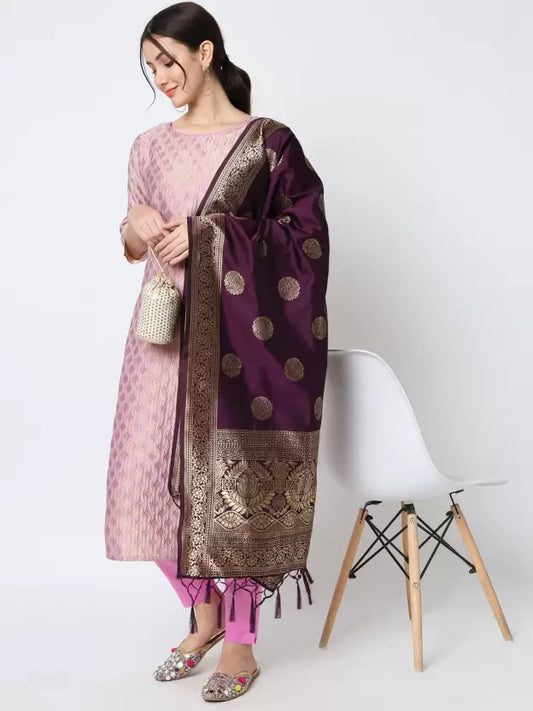 Women Baby Pink Cotton Blend Kurti Pant Dupatta Set