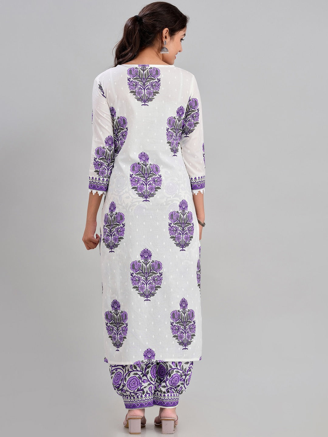 Floral Printed V-Neck Regular Pure Cotton Kurta With Salwar & Dupatta