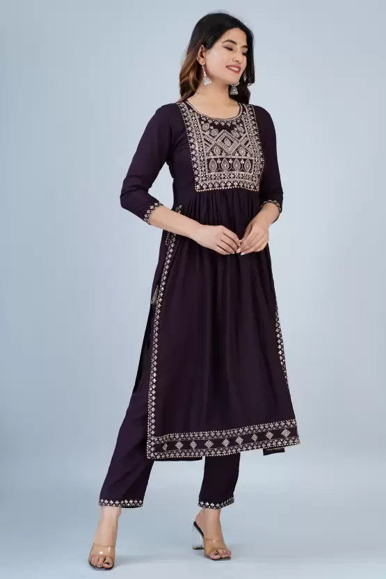 Women Wine Viscose Rayon Kurta Pant Set