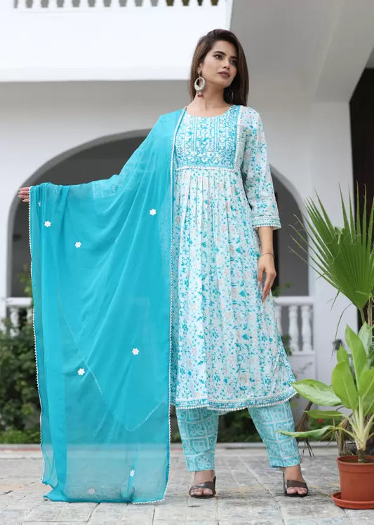 Women Blue&White Viscose Rayon Kurta Pant Dupatta Set