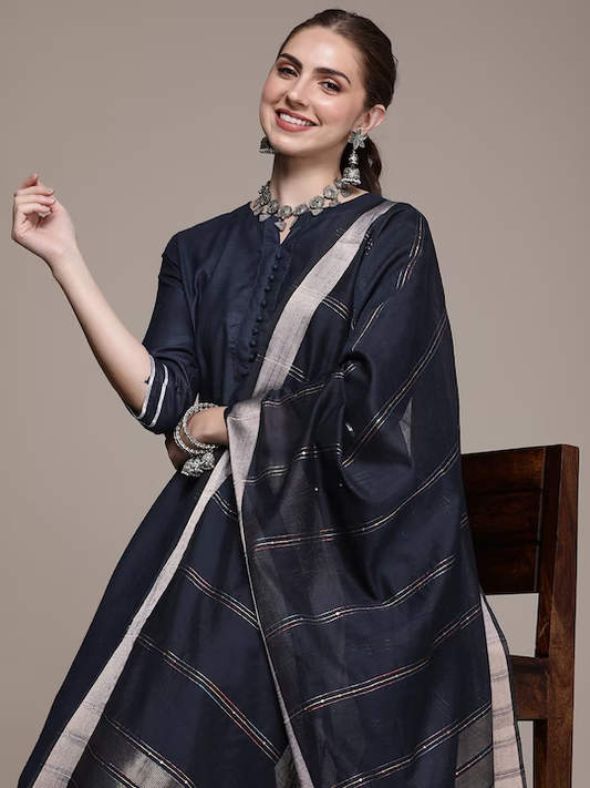 Women Navy Blue Regular Kurta with Palazzos & With Dupatta