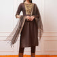 Women Brown Cotton Blend Kurta Pant Set