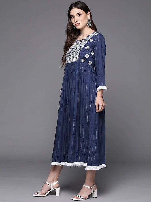 Blue Ethnic Motifs Embroidered Ethnic A-Line Midi Ethnic Dress
