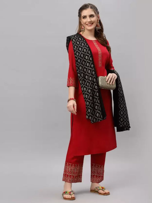 Women Comfy Viscose Rayon Red Kurta, Pant And Dupatta Set