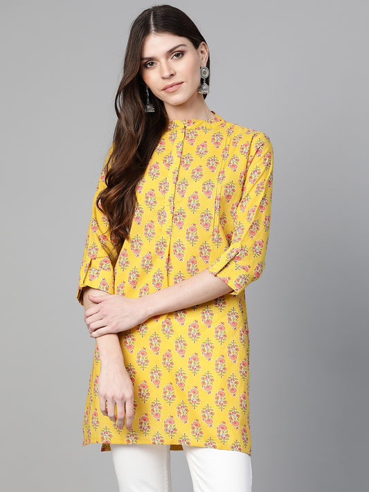 Women Mustard Yellow & Pink Floral Print Tunic