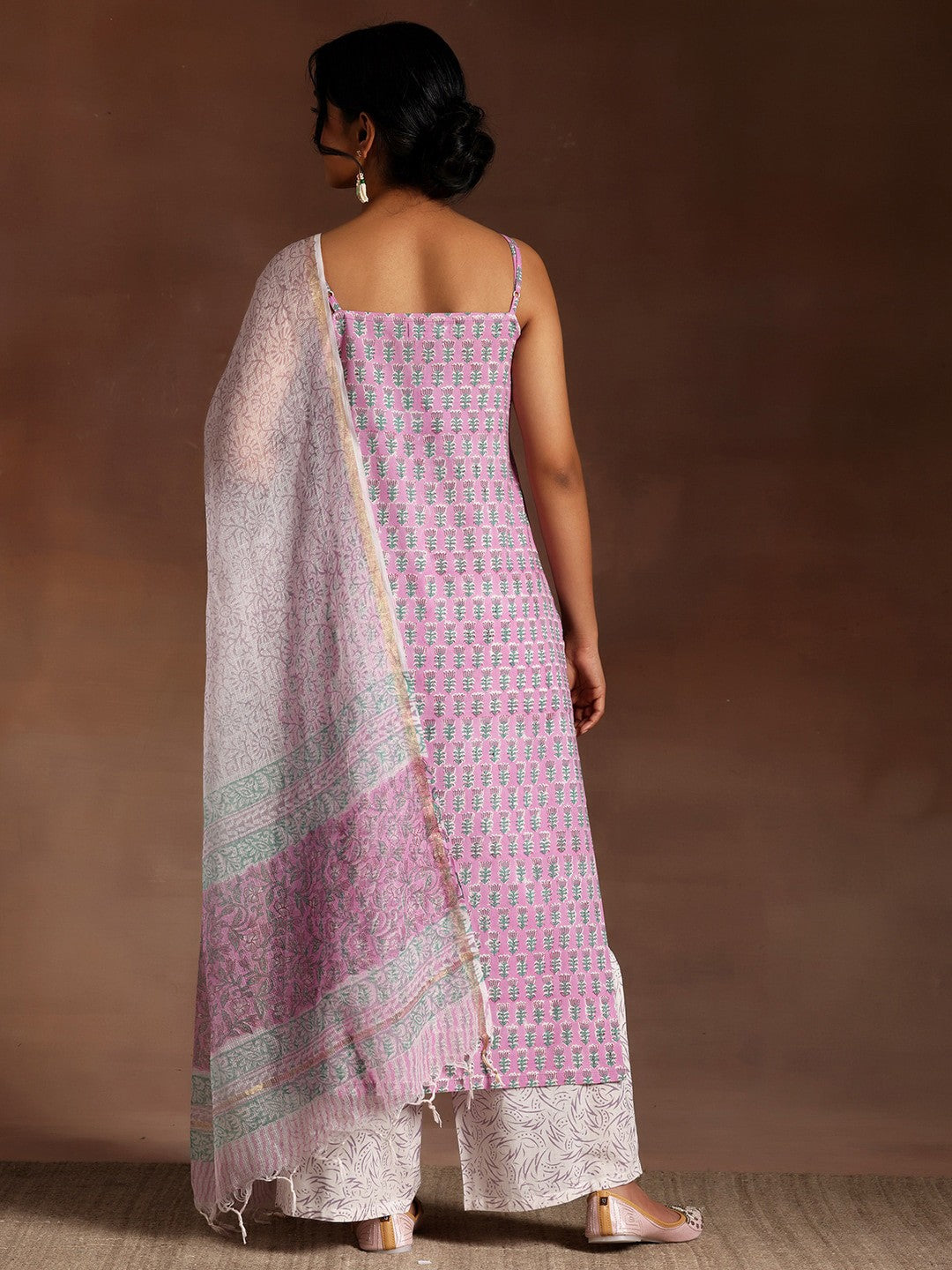 Floral Printed Shoulder Straps Pure Cotton Kurta With Palazzos & Dupatta