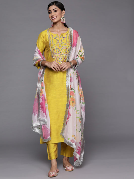 Women Yellow Ethnic Motifs Embroidered Thread Work Kurta with Trousers & With Dupatta