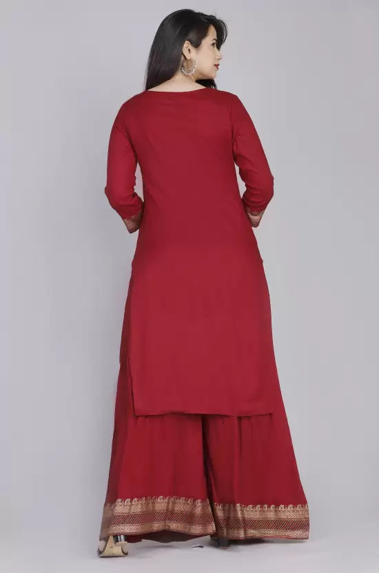 Women Red Viscose Rayon Kurti Palazzo Dupatta Set