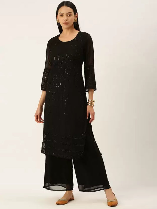 Women Black Georgette Kurta and Palazzo Set