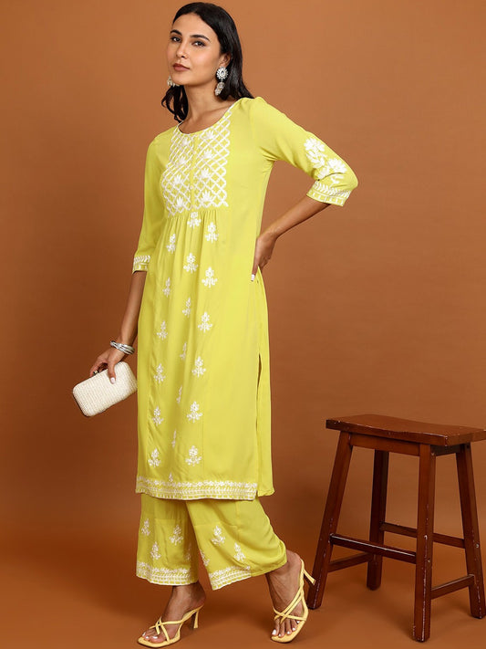 Yellow Floral Embroidered Straight Kurta with Palazzos