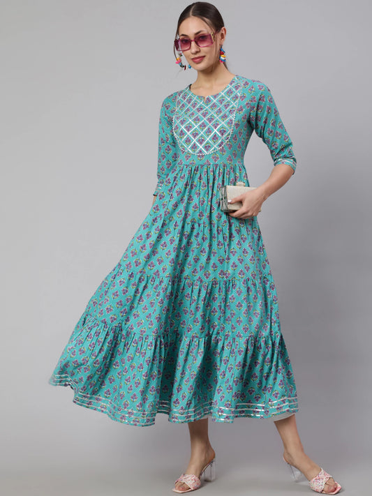 Women Floral Print Cotton Rayon Anarkali Kurta