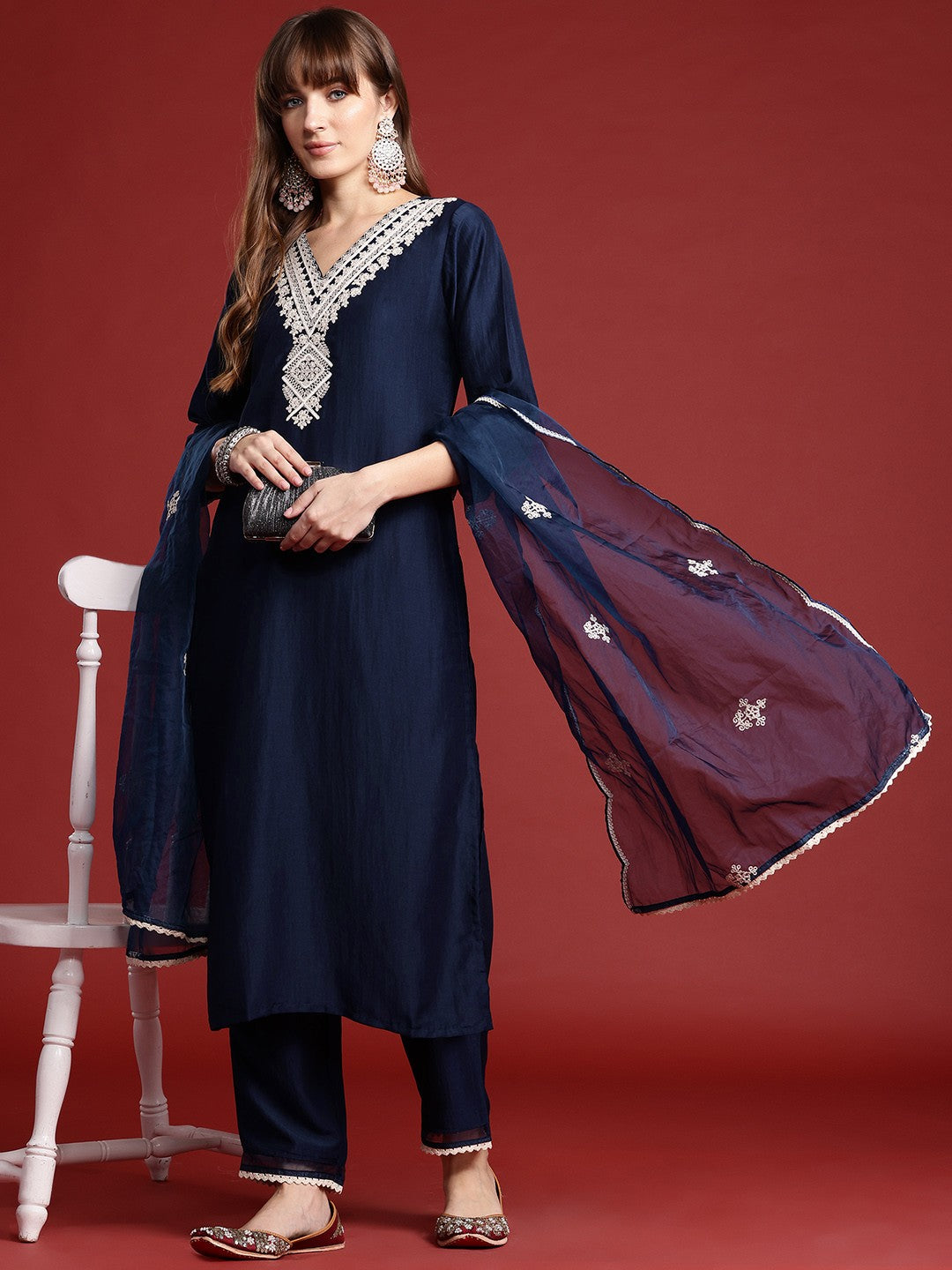 Ethnic Motifs Embroidered Lace Detailed Kurta & Trousers With Dupatta