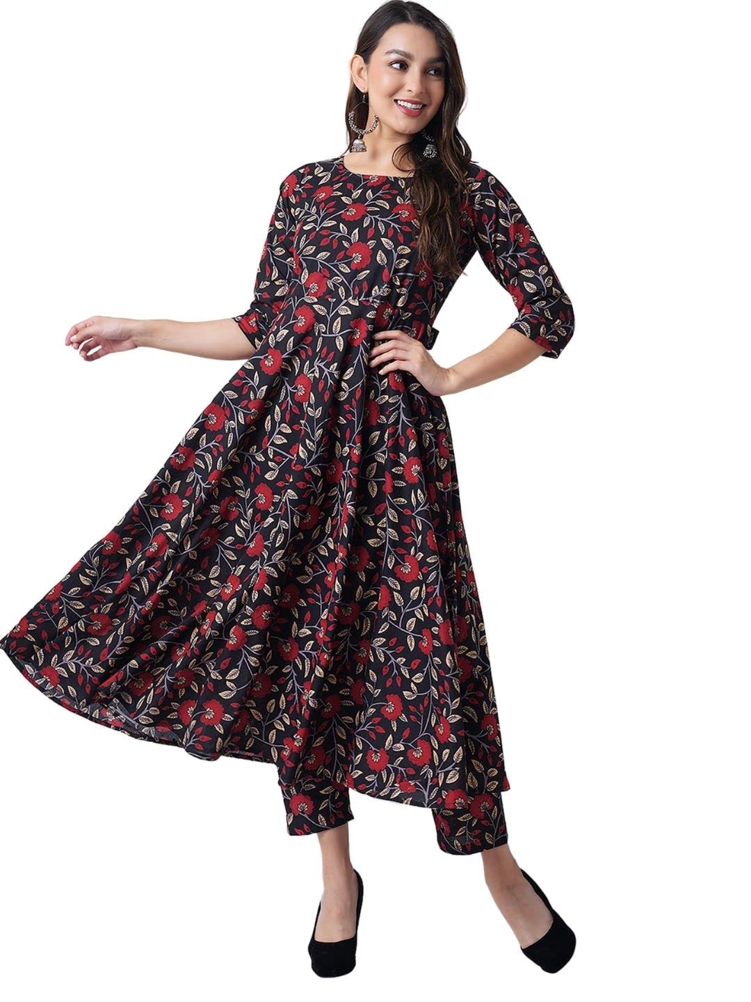 Women's Rayon Printed Black Anarkali Kurta with Palazzos Pants and Dupatta Set