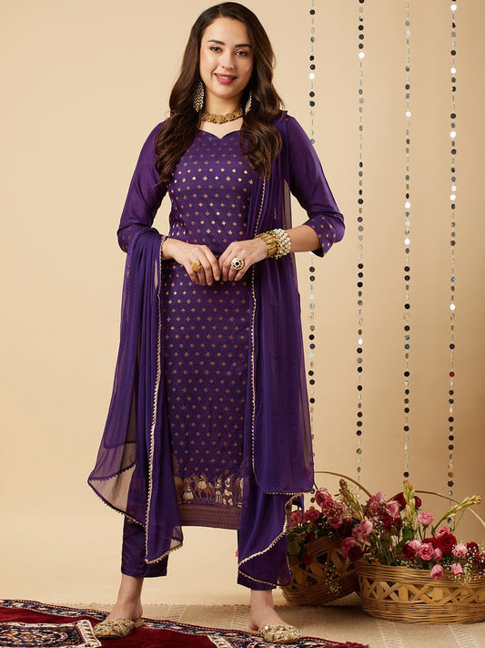 Ethnic Motifs Woven Design Kurta With Trousers & Dupatta