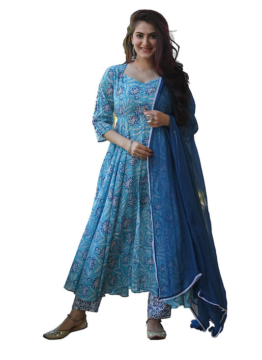 Women Printed Anarkali Blue Kurta and Pant Set with Dupatta