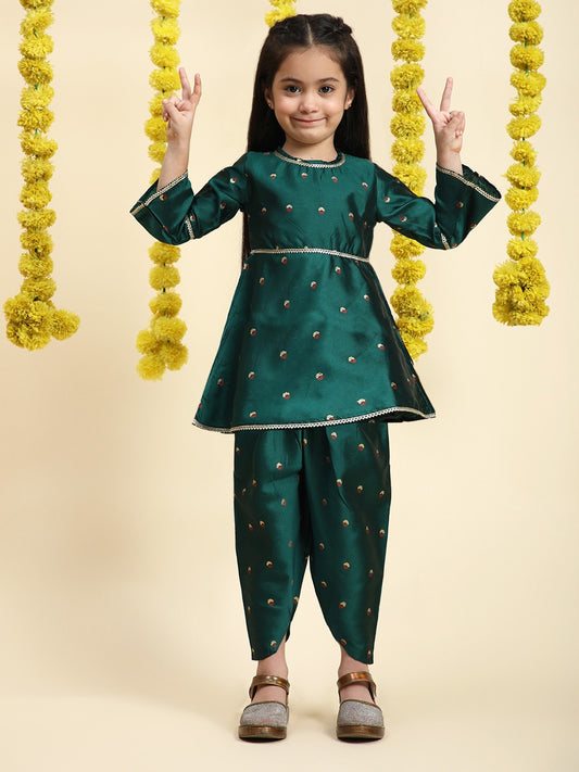 Girls Ethnic Motifs Embroidered Zari A-Line Kurta With Dhoti Pants