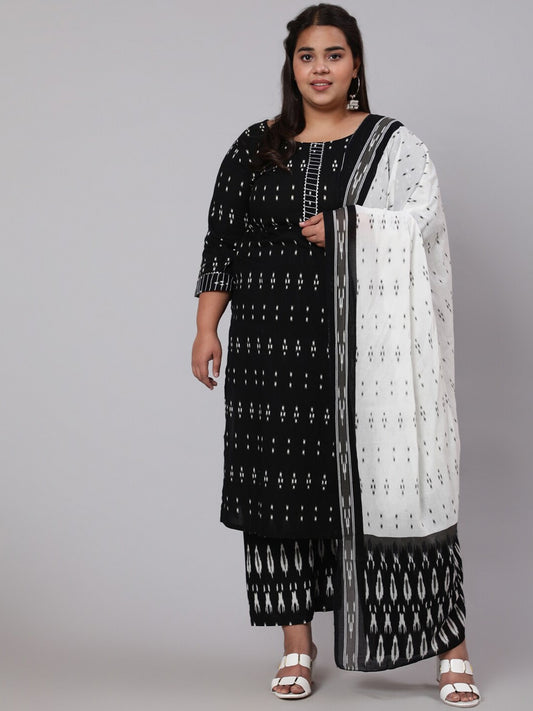 Women Black Printed Straight Pure Cotton Kurta with Palazzos & Dupatta