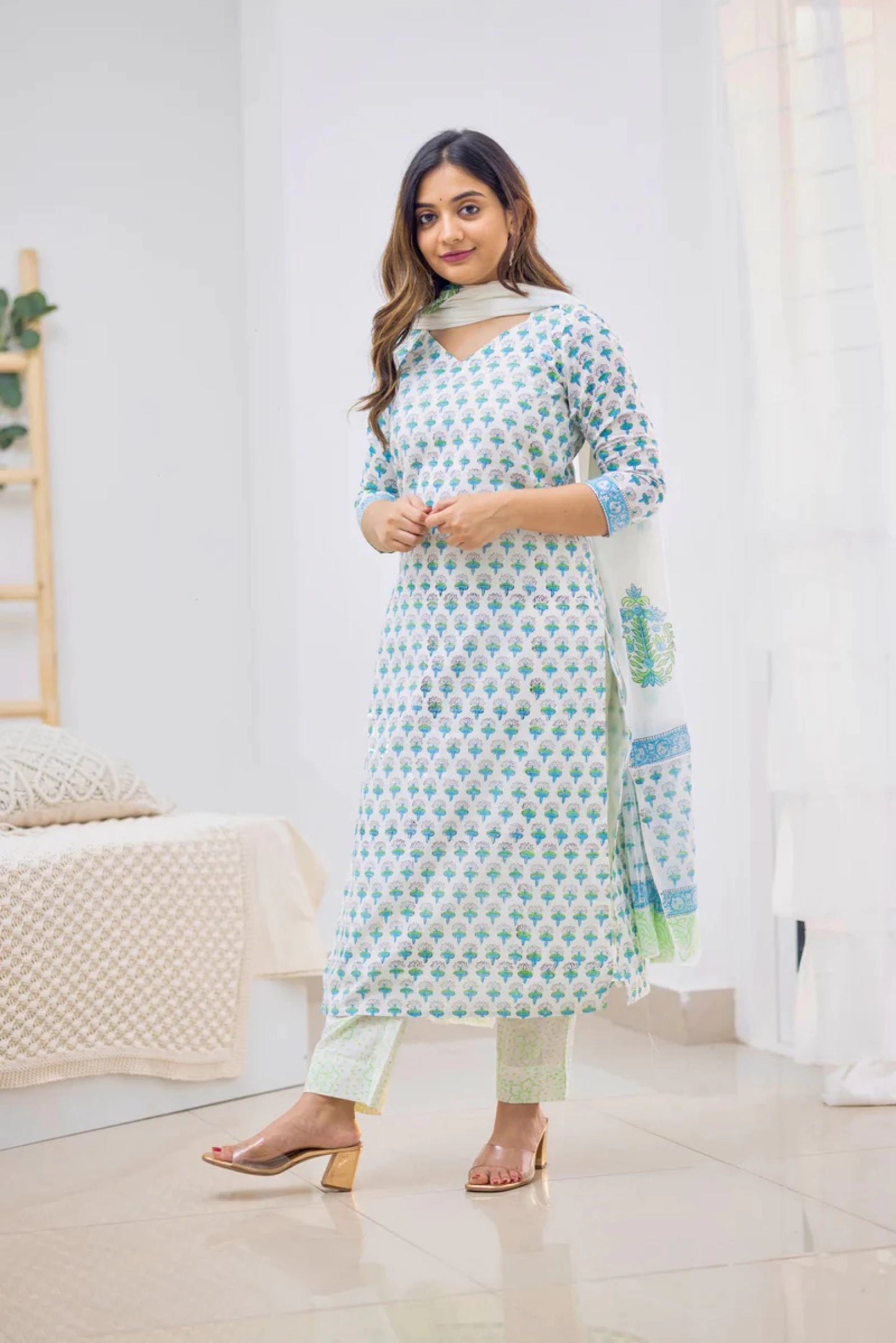 Women Cotton Blend Blue Kurta Pant Dupatta Set