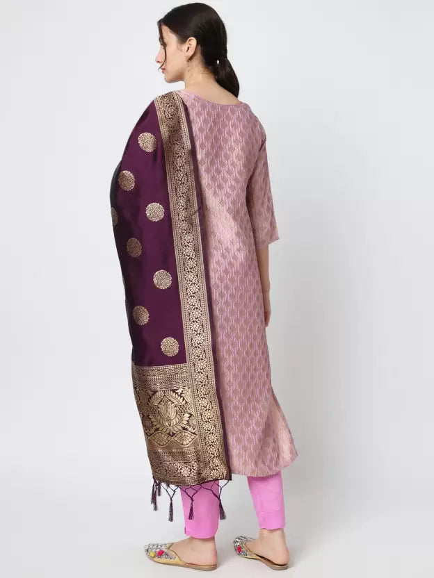 Women Baby Pink Cotton Blend Kurti Pant Dupatta Set