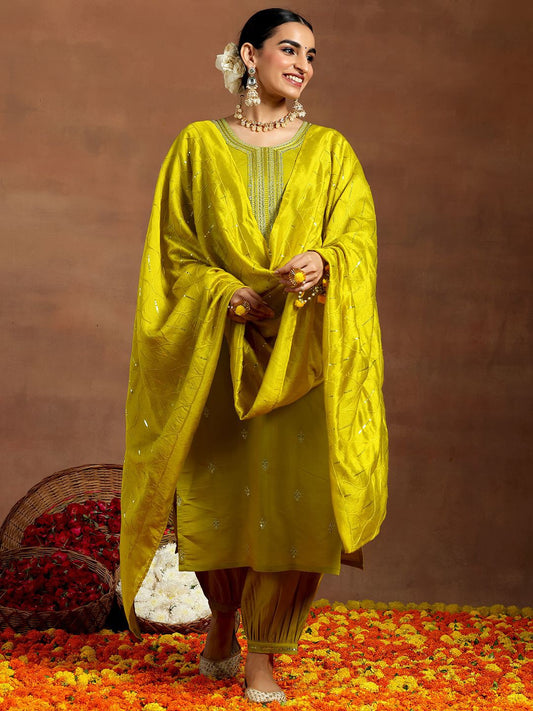 Floral Embroidered Sequinned Straight Kurta with Salwar & With Dupatta