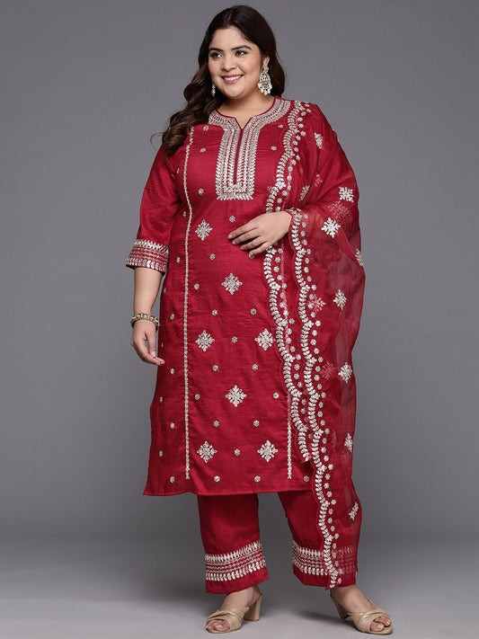 Plus Size Ethnic Motifs Embroidered Gotta Patti Kurta with Trousers & Dupatta