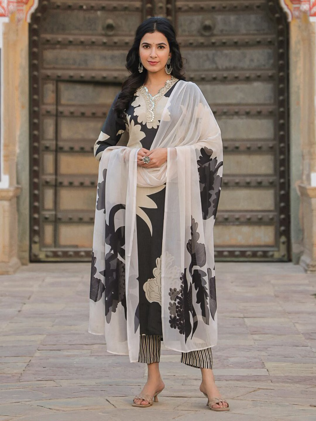 V-neck Embroidered Floral Print Kurta with Trousers & Dupatta