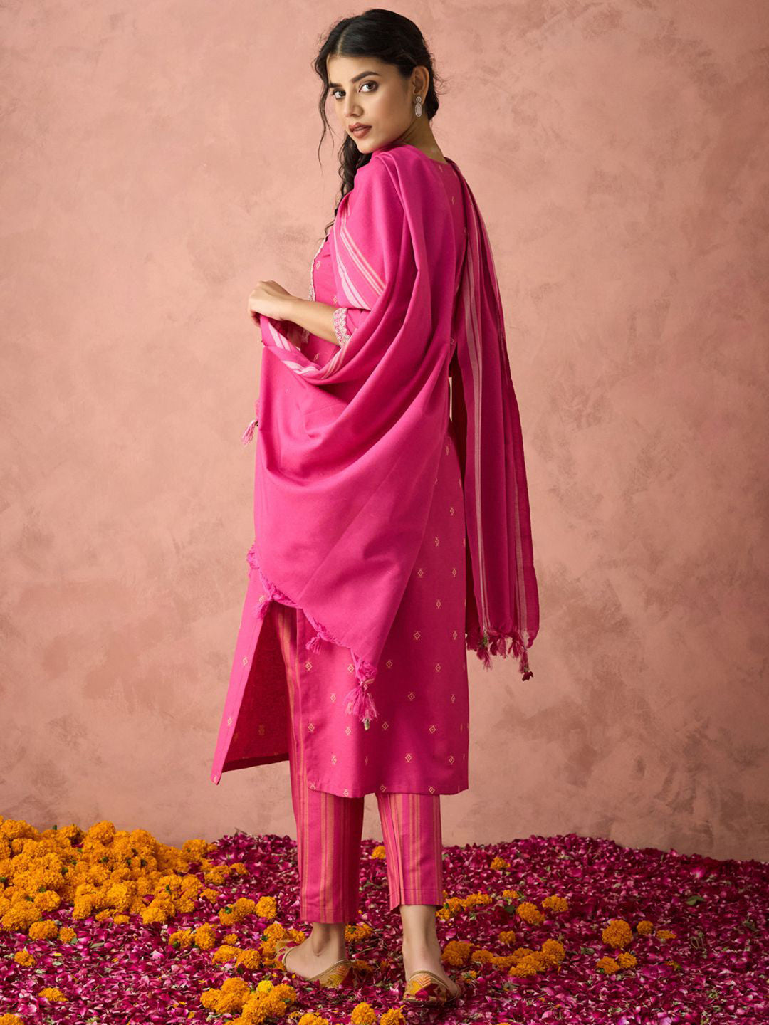Ethnic Motifs Embroidered Straight Kurta With Trousers And Dupatta