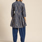 Women Navy Blue Ethnic Motifs Printed Pleated Pure Cotton Kurti with Dhoti Pants