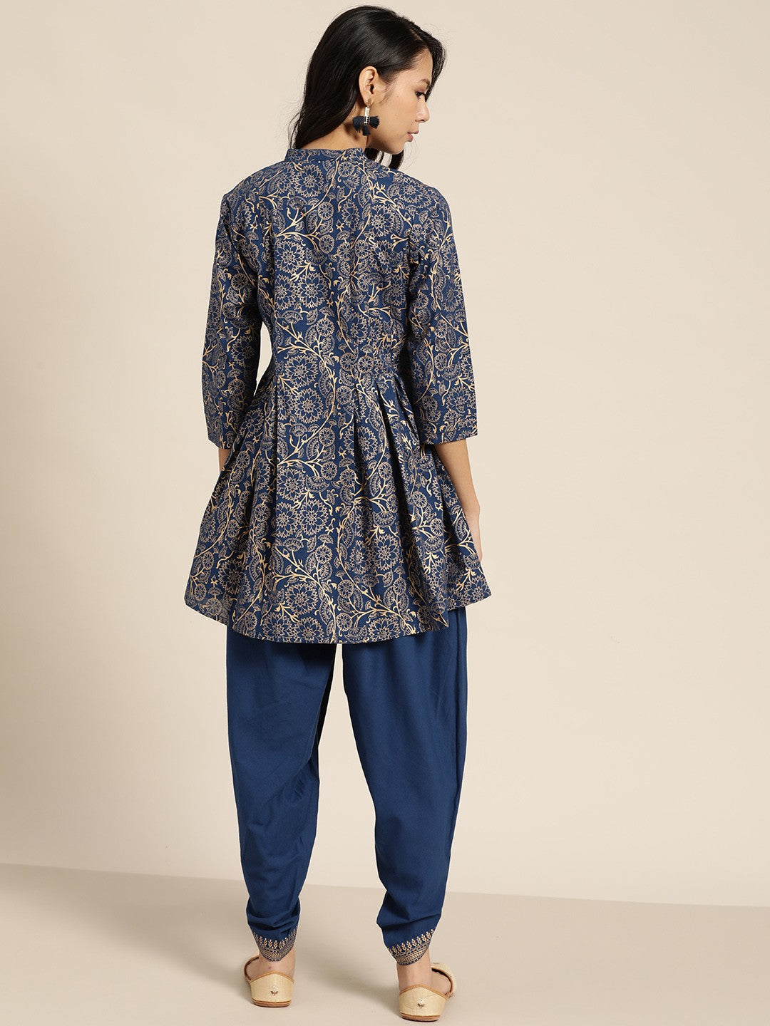 Women Navy Blue Ethnic Motifs Printed Pleated Pure Cotton Kurti with Dhoti Pants